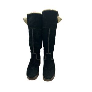 Michael Kors Black Suede Shearling Lined Knee-High Winter Boots Lug Sole Wedge 7
